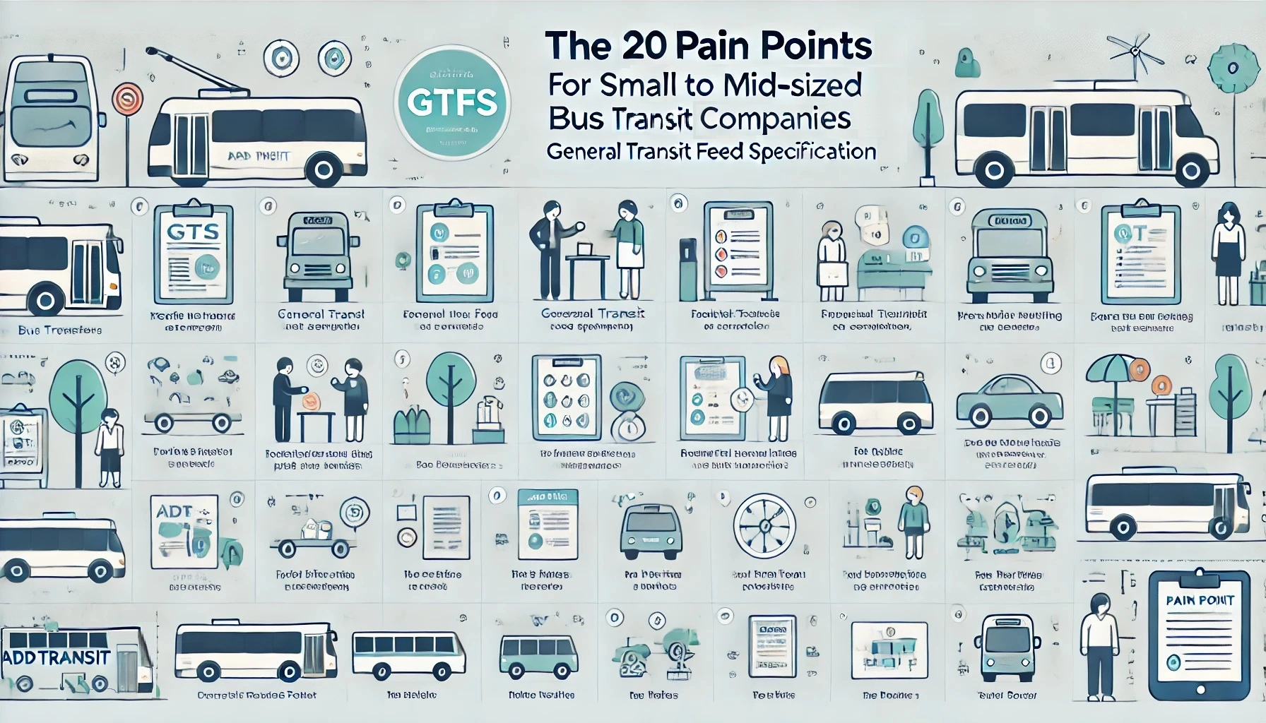 Graphic to article about twenty pain points for small to mid-sized bus & transit companies and how GTFS can help