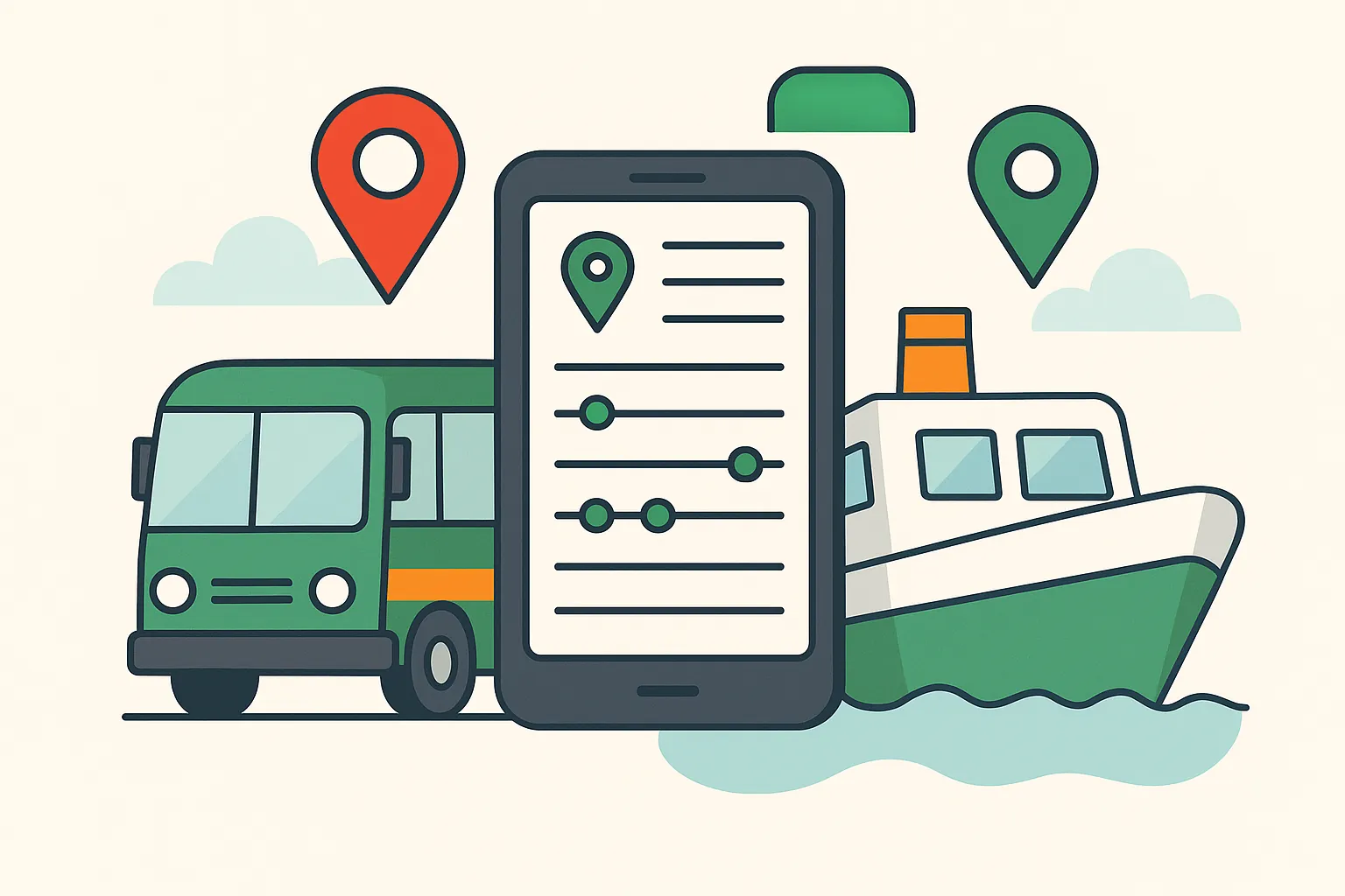 Flat illustration of a small bus and ferry with Google Maps and smartphone displaying transit schedules – example of GTFS feed in action.