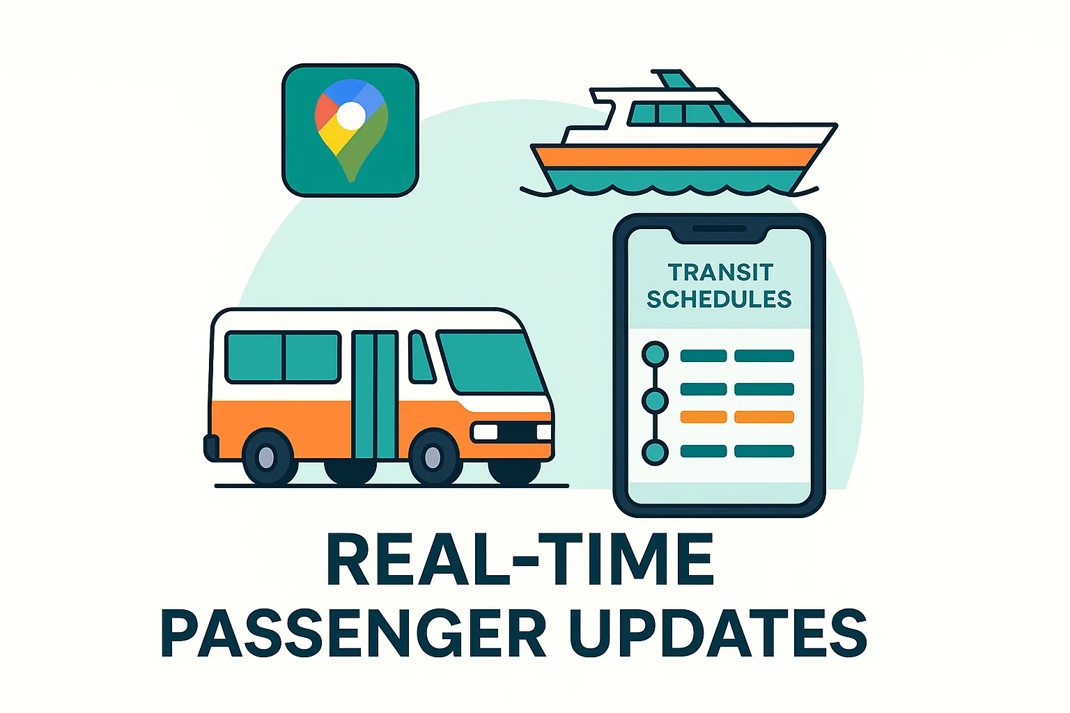 Illustration of bus and ferry connecting to cloud with Google Maps pins above, symbolising GTFS integration