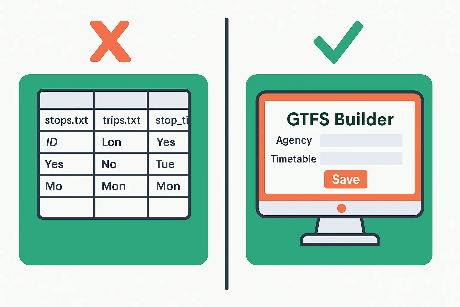 Comparison graphic: confusing GTFS spreadsheet versus simple online GTFS Builder tool.