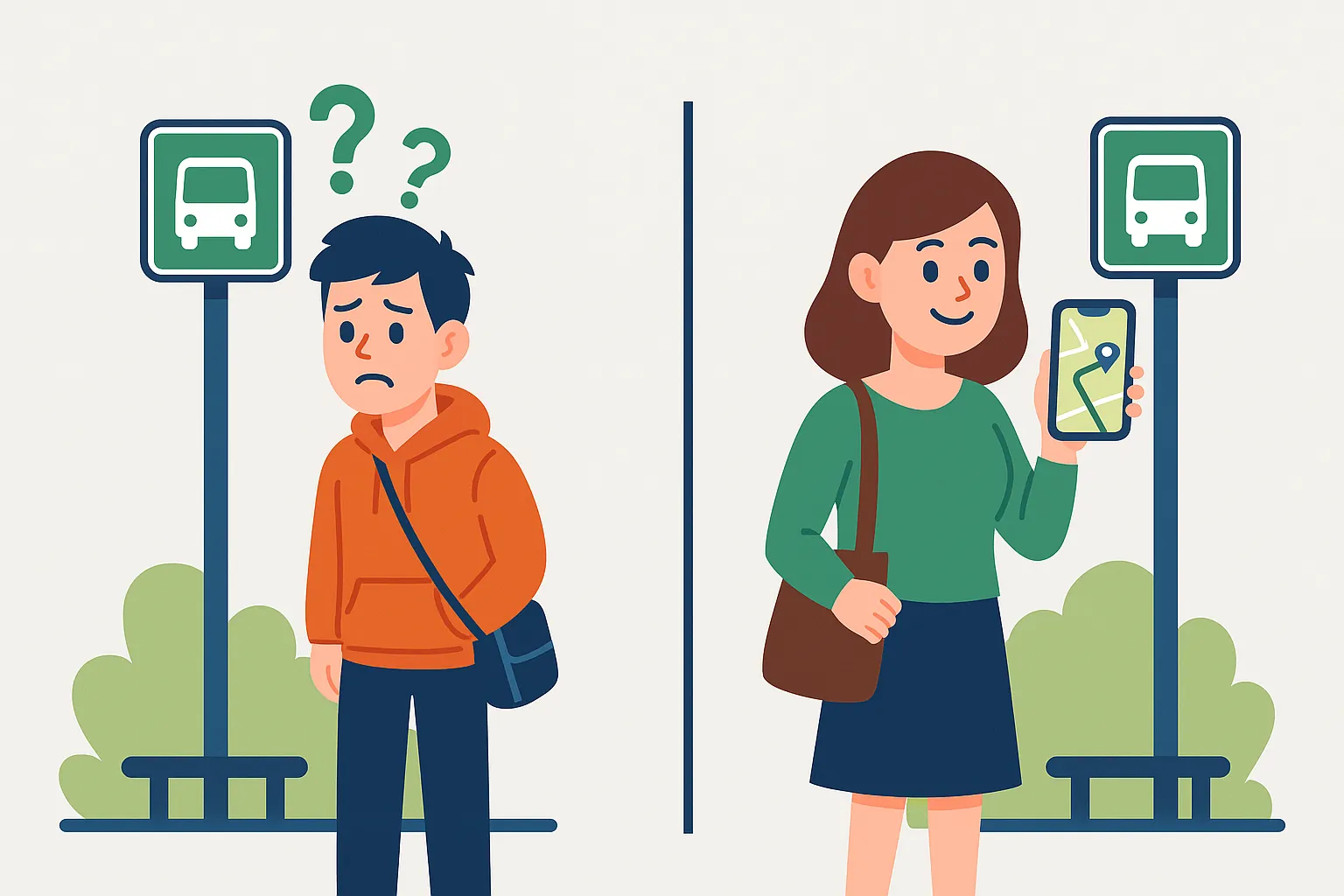 Illustration of passenger without real-time updates versus passenger using GTFS-Realtime app with live bus tracking.